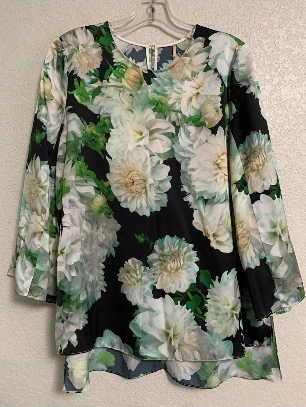 Adam Lippes Top Blouse Womens 12 Floral Satin Long Sleeve Black Multi Luxury